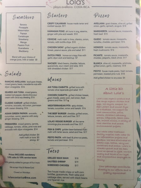 Lola's menu