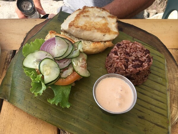 Mahi Mahi sandwich on a homemade bun with rice and a citrus garlic aioli sauce.