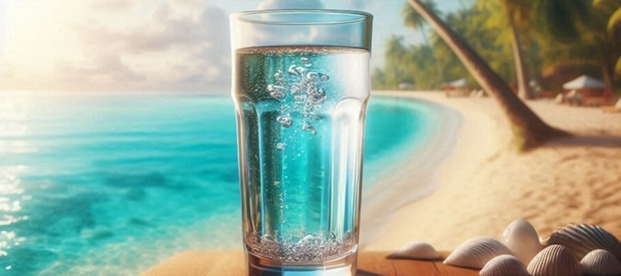 A clear glass sits on a table in Costa Rica with the ocean, beach and palm trees in the background.