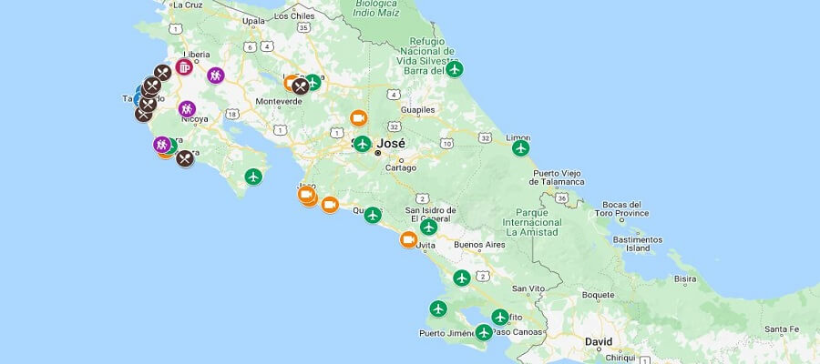 Map of Costa Rica with reviews of restaurants, day trips, things to do, beaches, airports and more.