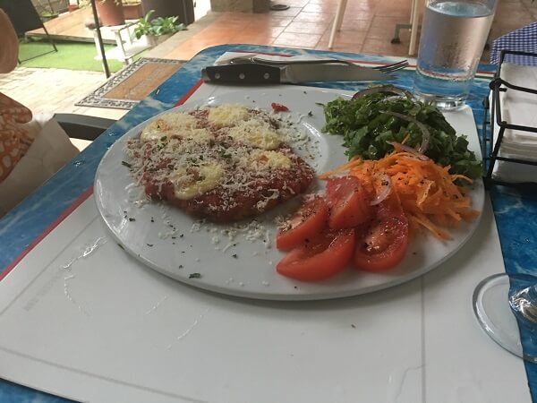 Two large pieces of chicken parmesan with homemade tomato sauce and side salad.