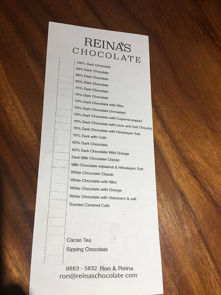Reina's Chocolate menu selection.