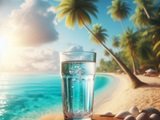 A glass on water on a table with the ocean and palm trees in the background.