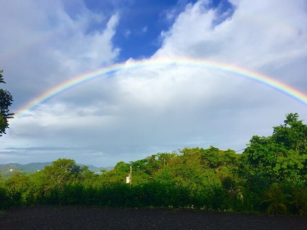 Early morning rainbow stretches across the sky.