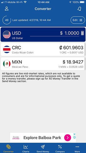 Screenshot of the XE currency app with conversion rates for Costa Rica and Mexico.