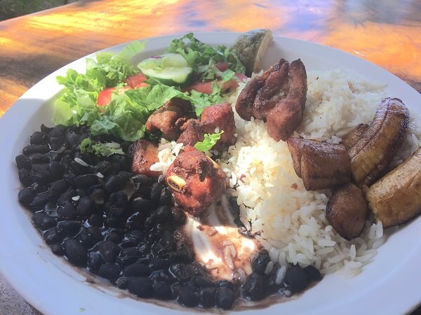 Crispy pork, black beans, white rice, salad and plantains made this dish delicious.