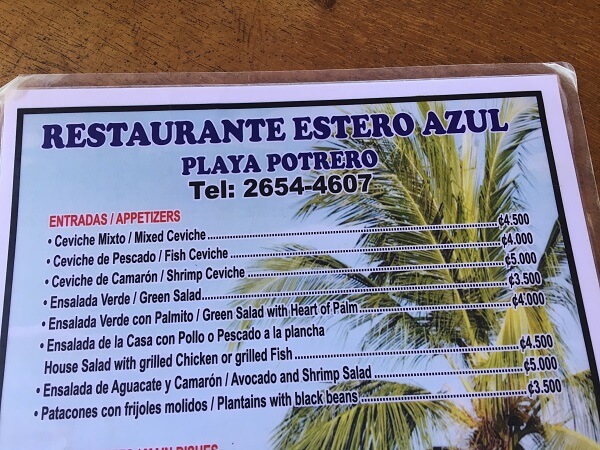A small sample of the Estero Azul menu.